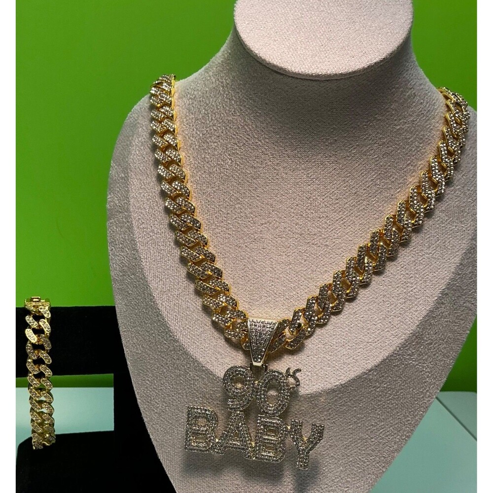 New 90s Baby Pendant Necklace Bracelet Lot Hip Hop Iced 20” Inches CZ Punk Chain